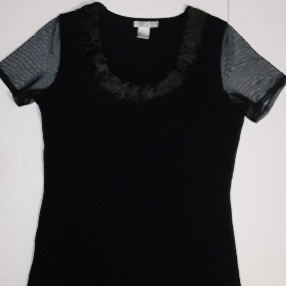 ALBERTO MAKAI Designer Top Sheer Sleeves Shirred Satin Neckline BLACK Size M - Picture 7 of 8